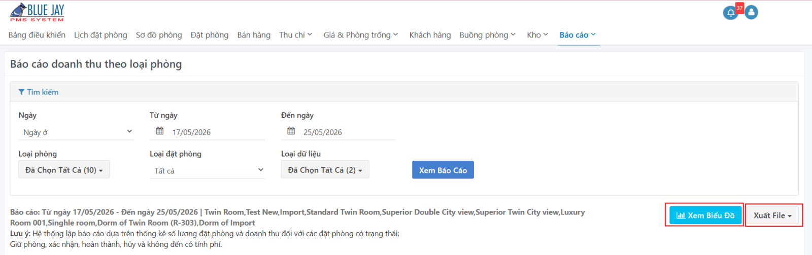 Chức năng xem biểu đồ và xuất file báo cáo doanh thu theo loại phòng