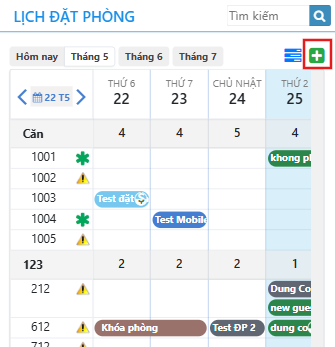 Giao diện lịch đặt phòng với nút thêm mới để tạo đặt phòng