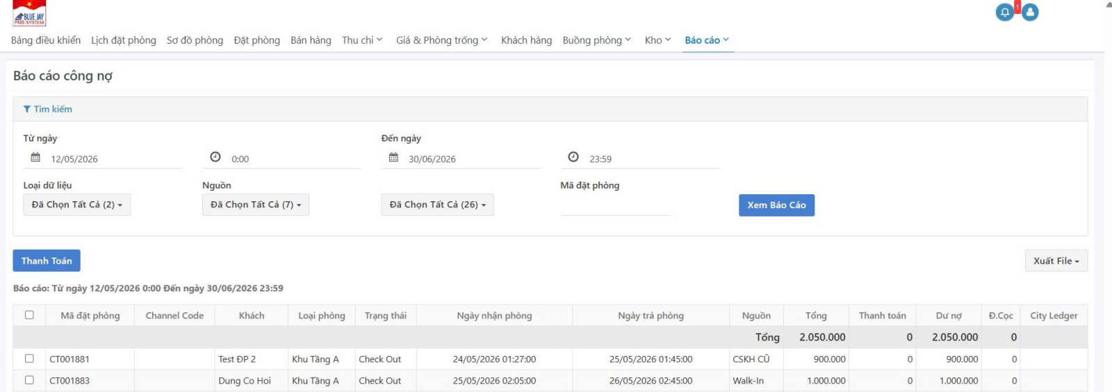 Giao diện Báo cáo công nợ