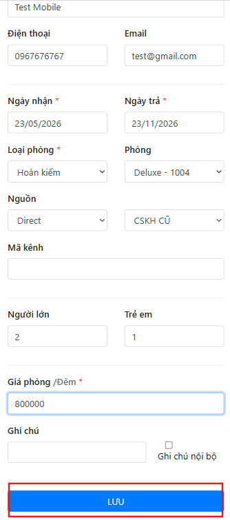 Giao diện cập nhật thông tin đặt phòng