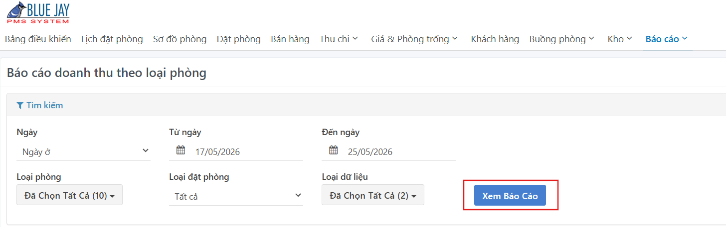Giao diện chọn điều kiện lọc tìm kiếm báo cáo doanh thu theo loại phòng