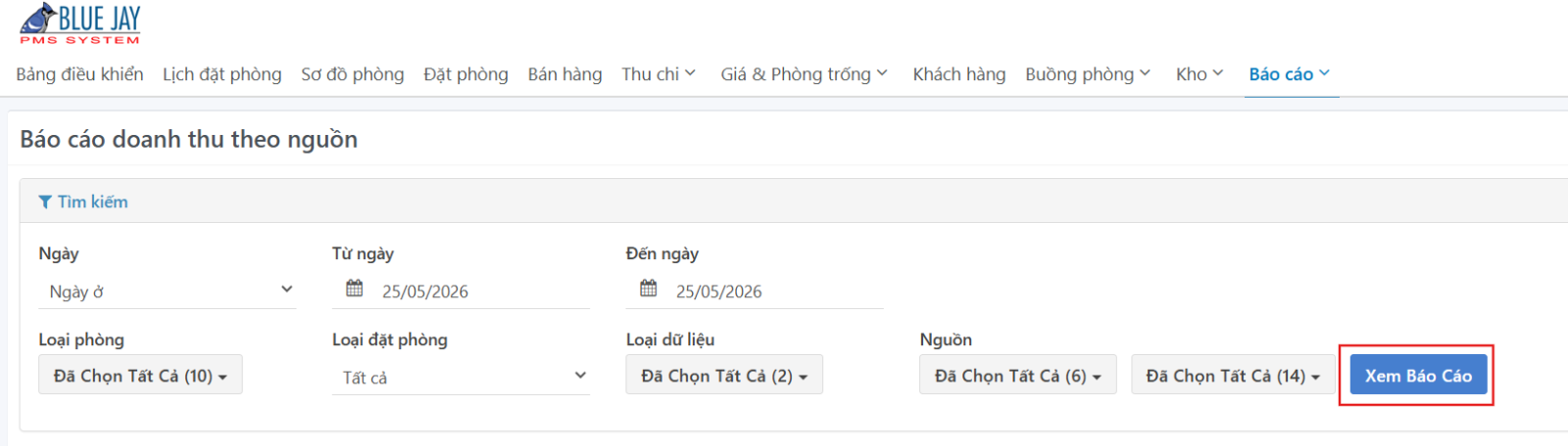 Giao diện chọn điều kiện tìm kiếm báo cáo doanh thu theo nguồn