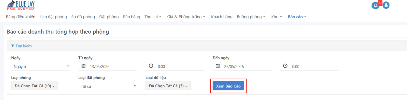 Giao diện chọn điều kiện tìm kiếm báo cáo doanh thu tổng hợp theo phòng 