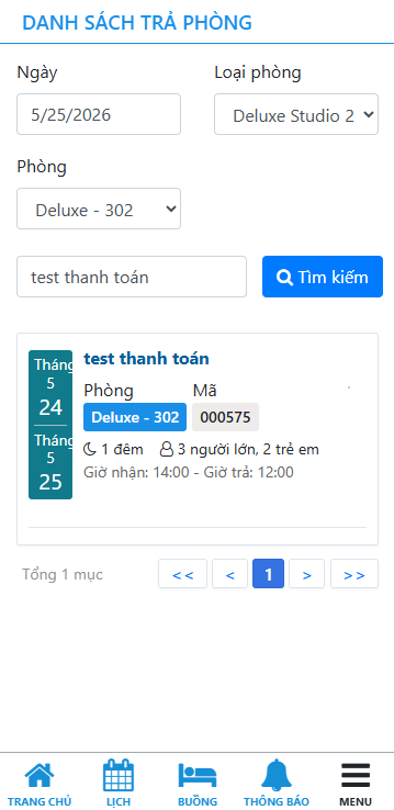 Giao diện danh sách trả phòng sau khi tìm kiếm thành công
