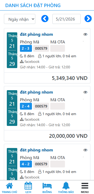 Giao diện hiển thị danh sách đặt phòng