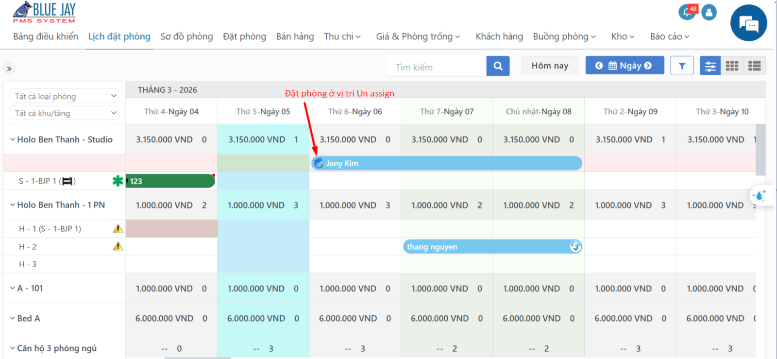 Giao diện Lịch đặt phòng với booking từ OTA 