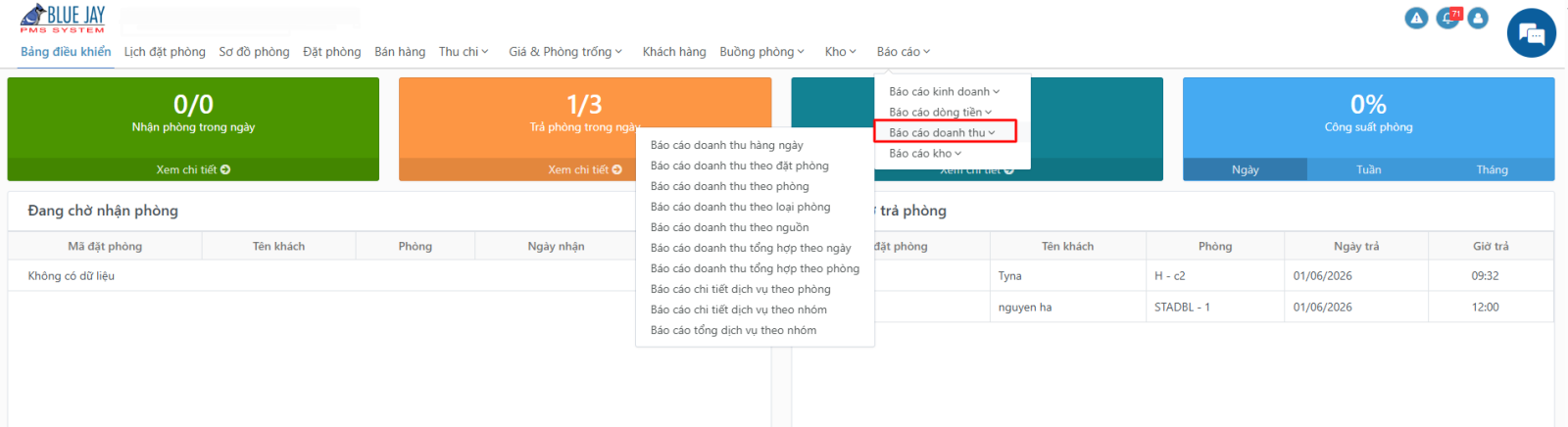Giao diện menu Báo cáo doanh thu