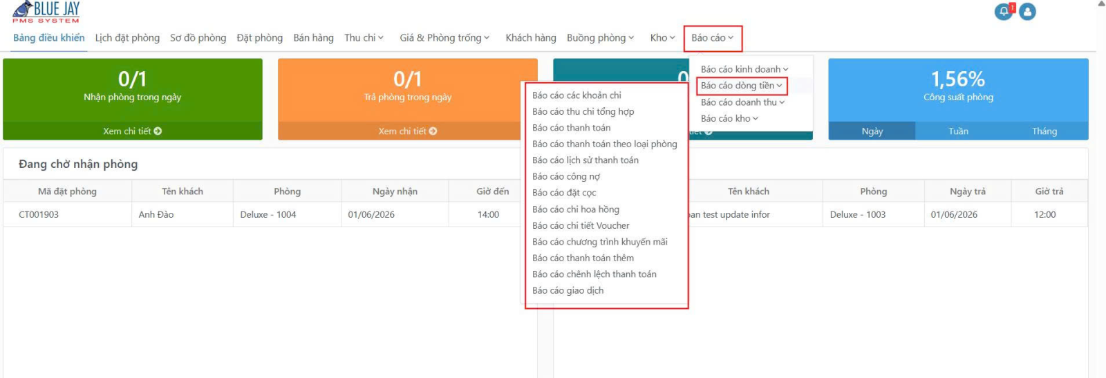 Giao diện menu Báo cáo dòng tiền