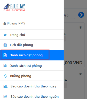 Giao diện menu ứng dụng với chức năng Danh sách đặt phòng