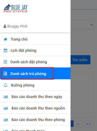 Giao diện menu ứng dụng với chức năng Danh sách trả phòng