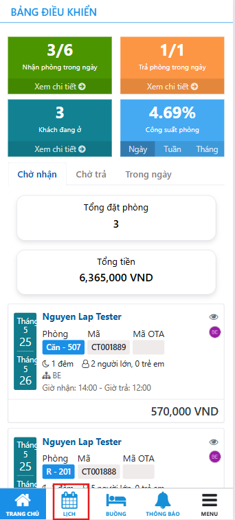 Giao diện menu ứng dụng với chức năng Lịch đặt phòng