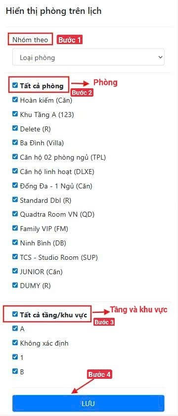 Giao diện thiết lập hiển thị phòng trên lịch