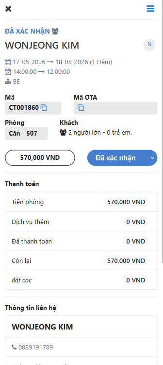 Giao diện xem chi tiết booking trên danh sách đặt phòng