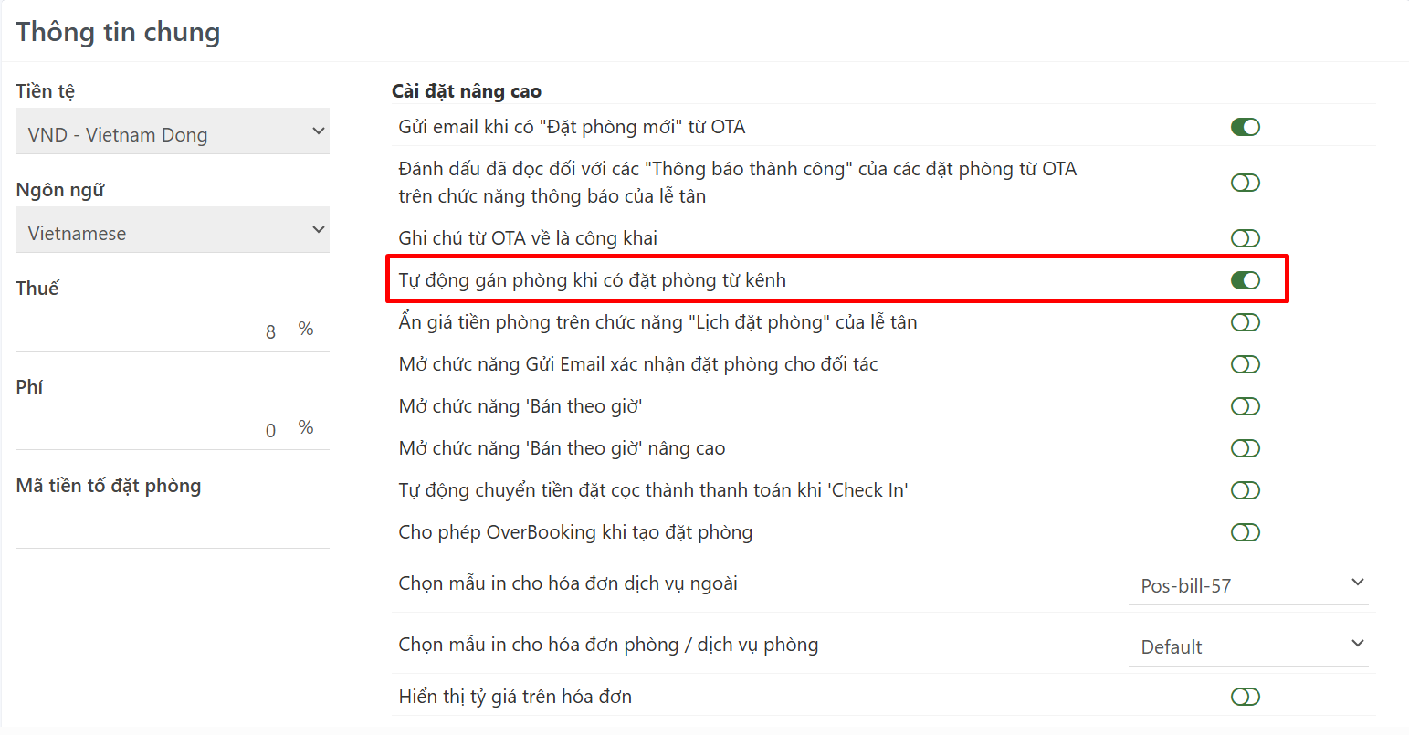 Kích hoạt tùy chọn Tự động gán phòng khi có đặt phòng từ OTA