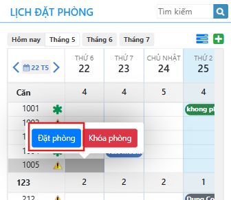 Tạo đặt phòng trên giao diện lịch đặt phòng