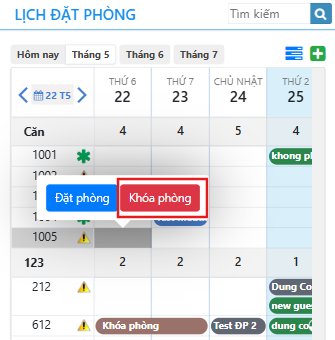 Tạo khóa phòng trên giao diện lịch đặt phòng