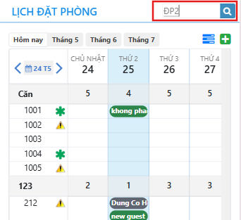 Tìm kiếm phòng trên giao diện Lịch đặt phòng 