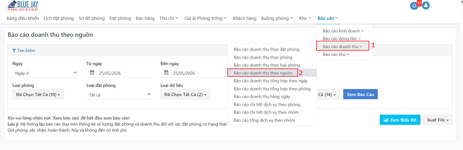 Truy cập chức năng Báo cáo doanh thu theo nguồn