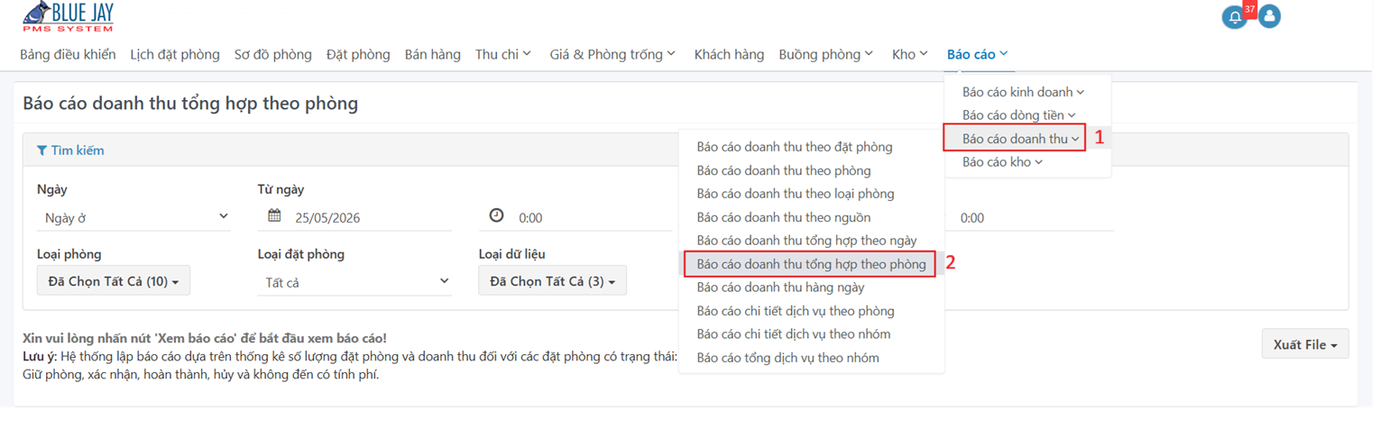 Truy cập chức năng Báo cáo doanh thu tổng hợp theo phòng