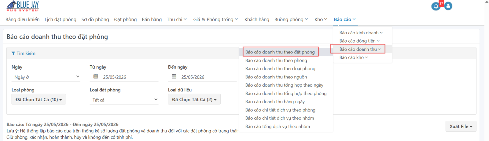 Truy cập chức năng Báo cáo doanh thu theo đặt phòng