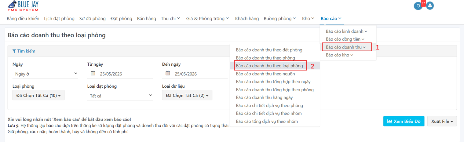 Truy cập chức năng Báo cáo doanh thu theo loại phòng