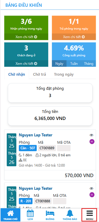 Truy cập menu của ứng dụng để mở chức năng Lịch đặt phòng 